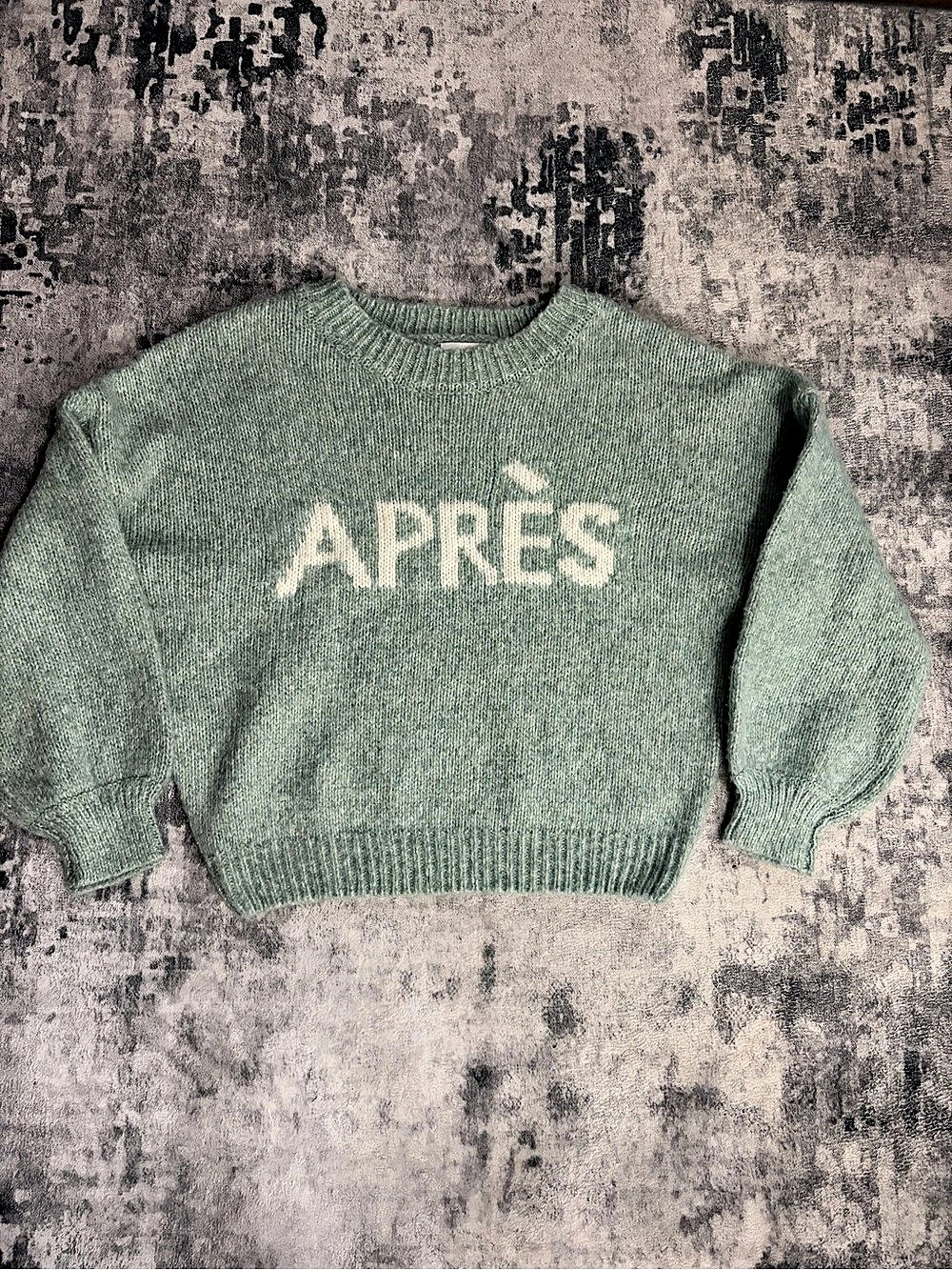 Pink Rose dry goods Après sweater Green Graphic Crewneck Sweater size small NWT